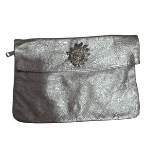 Vintage Silver Tooled Leather Clutch Rhinestone Floral Evening Purse Bag